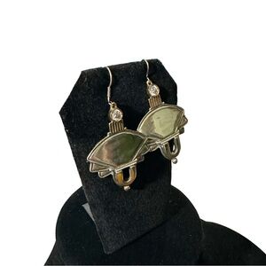 Vtg Unusual Mod Fan Shaped Earrings Mixed 925 & 14k Gold Bezel Clear Quartz 15g